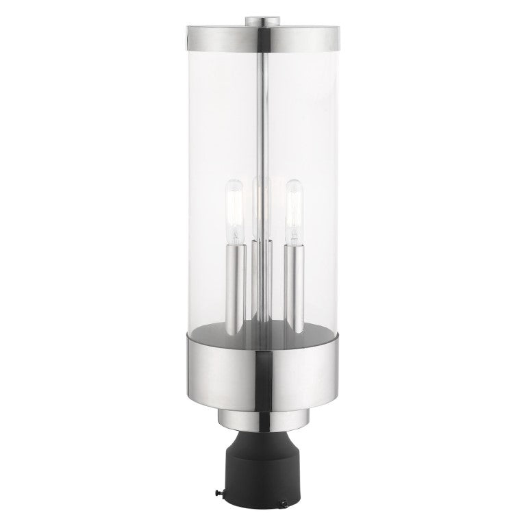 Hillcrest Candelabra Base Light Bulb Socket Large Outdoor Post Top Lantern Stainless Steel and Clear Glass and Polished Chrome Finish 120V for Garden, Exterior Post - 20728-05