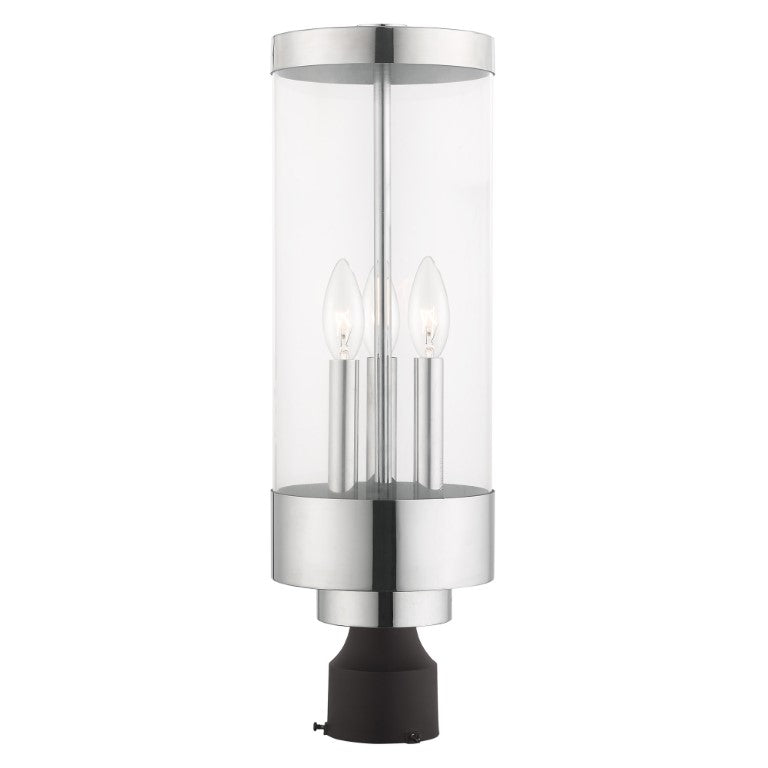 Hillcrest Candelabra Base Light Bulb Socket Large Outdoor Post Top Lantern Stainless Steel and Clear Glass and Polished Chrome Finish 120V for Garden, Exterior Post - 20728-05