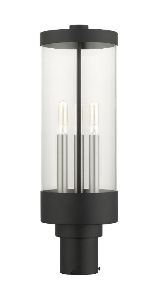 Hillcrest Candelabra Base Light Bulb Socket Large Outdoor Post Top Lantern 6.5" x 20.25"Stainless Steel and Clear Glass and Textured Black Finish 120V for Garden, Exterior Post - 20728-14
