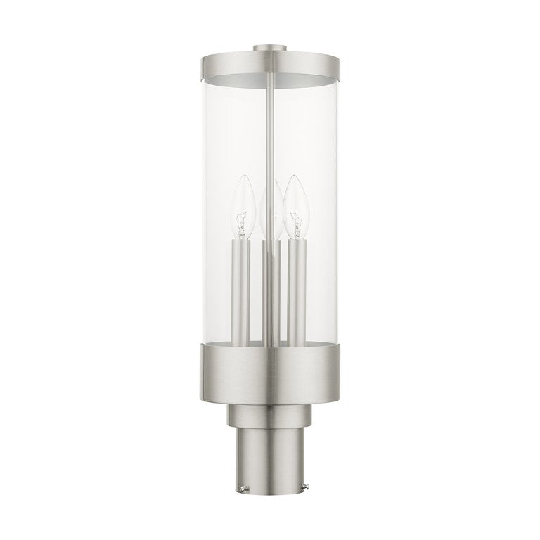 Hillcrest Candelabra Base Light Bulb Socket Large Outdoor Post Top Lantern 6.5" x 20.25" Stainless Steel and Clear Glass and Brushed Nickel Finish 120V for Garden, Exterior Post - 20728-91