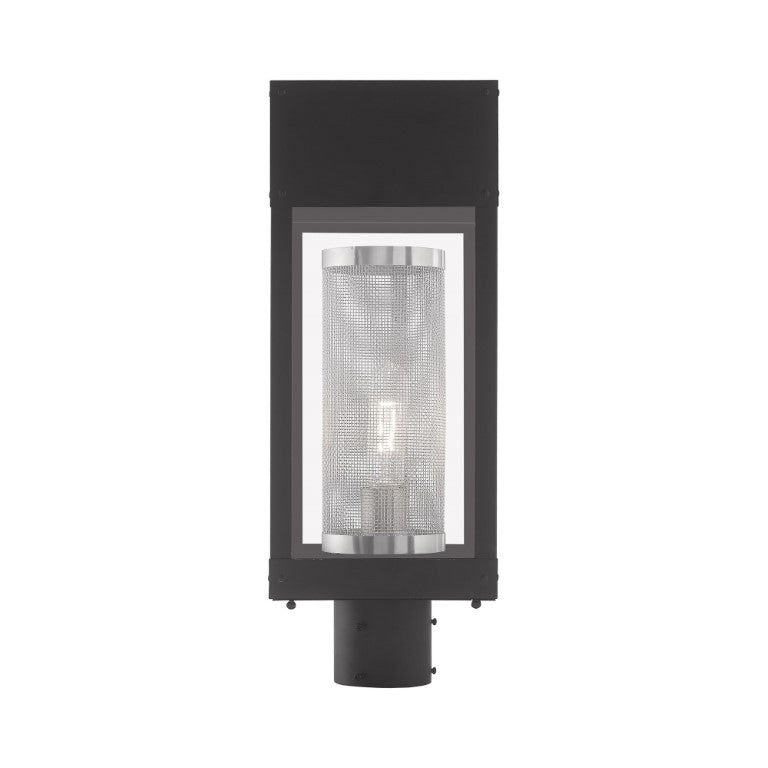 Franklin Medium Base Light Bulb Socket Outdoor Post Top Lantern 7" x 8" x 19" Stainless Steel and Clear Glass Outside & Stainless Steel Mesh Cylinder Inside 120V for Garden, Exterior Post - 20763-04