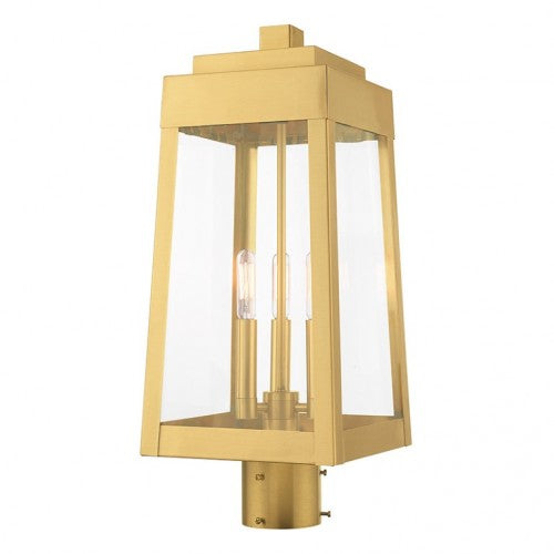 Oslo Candelabra Base Light Bulb Socket Medium Outdoor Post Top Lantern 8.25" x 8.25" x 20.375" Solid Brass and Clear Glass, Satin Brass Finish 120V for Garden, Exterior Post - 20856-12