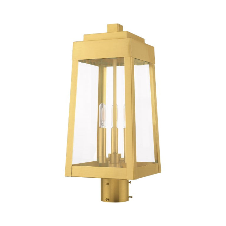 Oslo Candelabra Base Light Bulb Socket Medium Outdoor Post Top Lantern 8.25" x 8.25" x 20.375" Solid Brass and Clear Glass, Satin Brass Finish 120V for Garden, Exterior Post - 20856-12