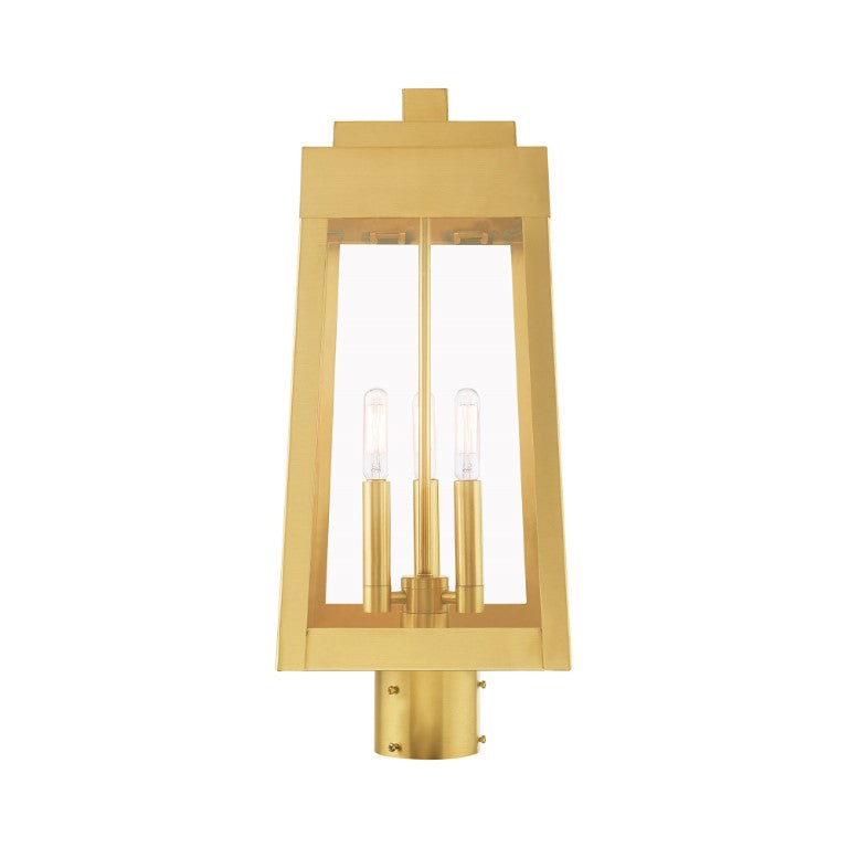 Oslo Candelabra Base Light Bulb Socket Medium Outdoor Post Top Lantern 8.25" x 8.25" x 20.375" Solid Brass and Clear Glass, Satin Brass Finish 120V for Garden, Exterior Post - 20856-12