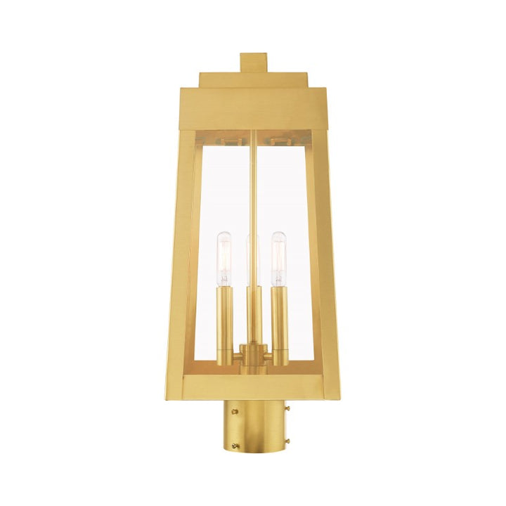 Oslo Candelabra Base Light Bulb Socket Medium Outdoor Post Top Lantern 8.25" x 8.25" x 20.375" Solid Brass and Clear Glass, Satin Brass Finish 120V for Garden, Exterior Post - 20856-12