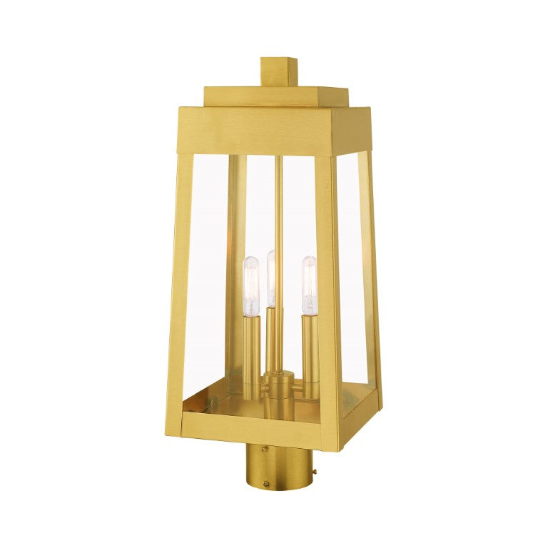 Oslo Candelabra Base Light Bulb Socket Medium Outdoor Post Top Lantern 8.25" x 8.25" x 20.375" Solid Brass and Clear Glass, Satin Brass Finish 120V for Garden, Exterior Post - 20856-12