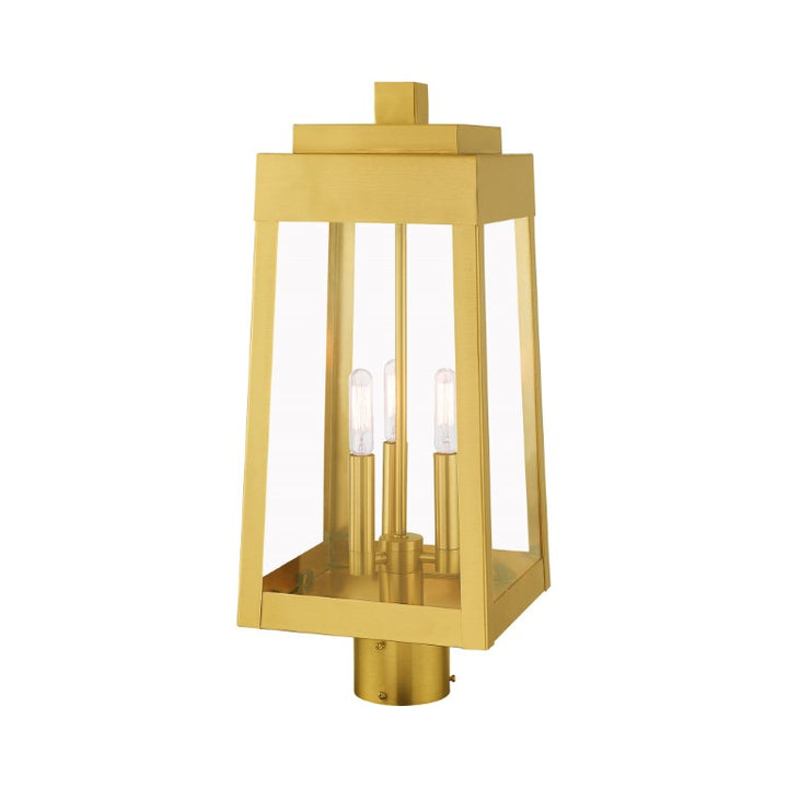 Oslo Candelabra Base Light Bulb Socket Medium Outdoor Post Top Lantern 8.25" x 8.25" x 20.375" Solid Brass and Clear Glass, Satin Brass Finish 120V for Garden, Exterior Post - 20856-12