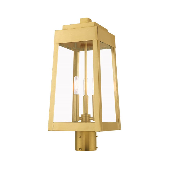 Oslo Candelabra Base Light Bulb Socket Medium Outdoor Post Top Lantern 8.25" x 8.25" x 20.375" Solid Brass and Clear Glass, Satin Brass Finish 120V for Garden, Exterior Post - 20856-12