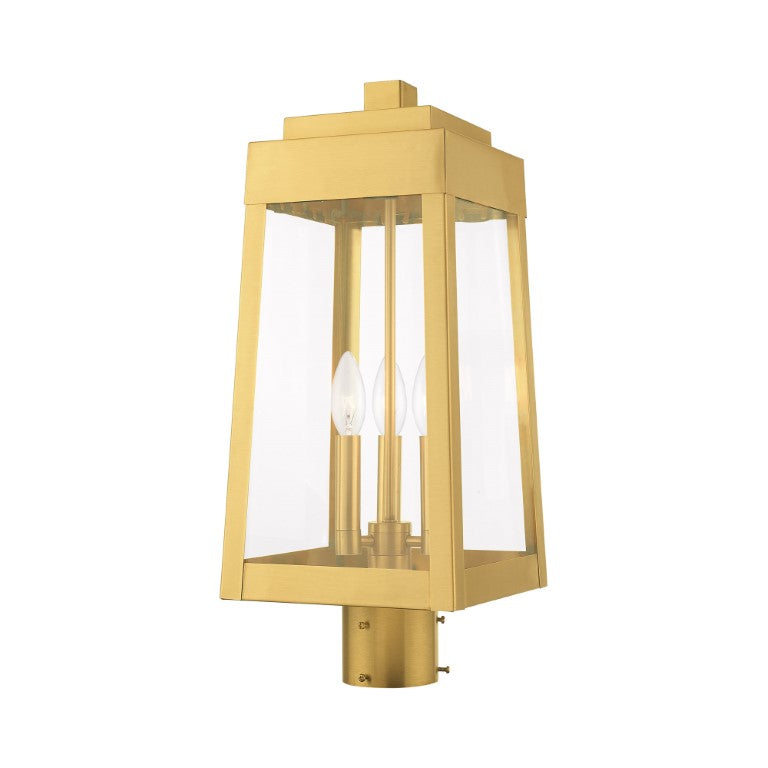 Oslo Candelabra Base Light Bulb Socket Medium Outdoor Post Top Lantern 8.25" x 8.25" x 20.375" Solid Brass and Clear Glass, Satin Brass Finish 120V for Garden, Exterior Post - 20856-12