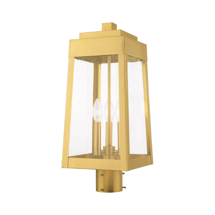 Oslo Candelabra Base Light Bulb Socket Medium Outdoor Post Top Lantern 8.25" x 8.25" x 20.375" Solid Brass and Clear Glass, Satin Brass Finish 120V for Garden, Exterior Post - 20856-12