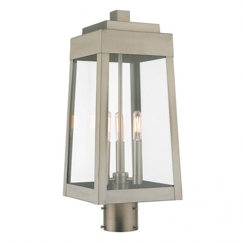 Oslo Candelabra Base Light Bulb Socket Medium Outdoor Post Top Lantern 8.25" x 8.25" x 20.375" Solid Brass and Clear Glass, Brushed Nickel Finish 120V for Garden, Exterior Post - 20856-91