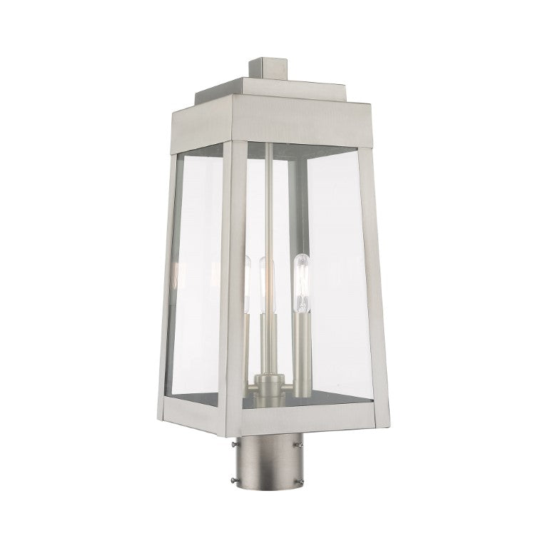 Oslo Candelabra Base Light Bulb Socket Medium Outdoor Post Top Lantern 8.25" x 8.25" x 20.375" Solid Brass and Clear Glass, Brushed Nickel Finish 120V for Garden, Exterior Post - 20856-91