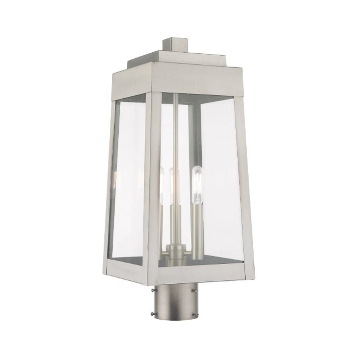 Oslo Candelabra Base Light Bulb Socket Medium Outdoor Post Top Lantern 8.25" x 8.25" x 20.375" Solid Brass and Clear Glass, Brushed Nickel Finish 120V for Garden, Exterior Post - 20856-91