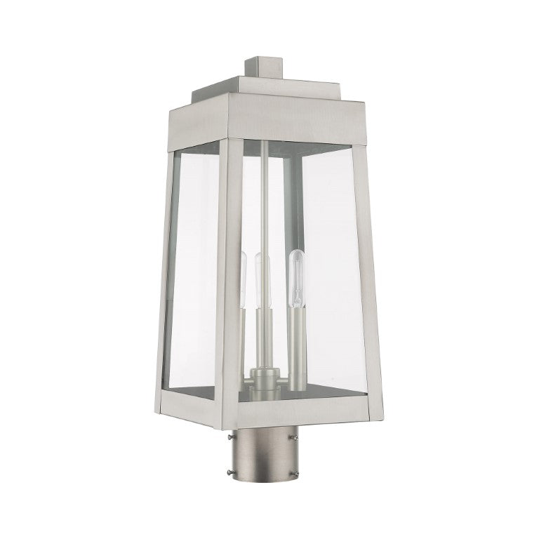 Oslo Candelabra Base Light Bulb Socket Medium Outdoor Post Top Lantern 8.25" x 8.25" x 20.375" Solid Brass and Clear Glass, Brushed Nickel Finish 120V for Garden, Exterior Post - 20856-91
