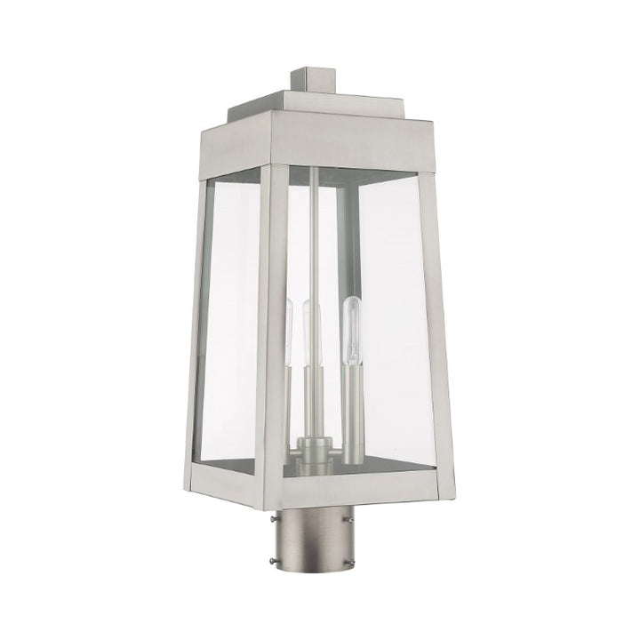 Oslo Candelabra Base Light Bulb Socket Medium Outdoor Post Top Lantern 8.25" x 8.25" x 20.375" Solid Brass and Clear Glass, Brushed Nickel Finish 120V for Garden, Exterior Post - 20856-91