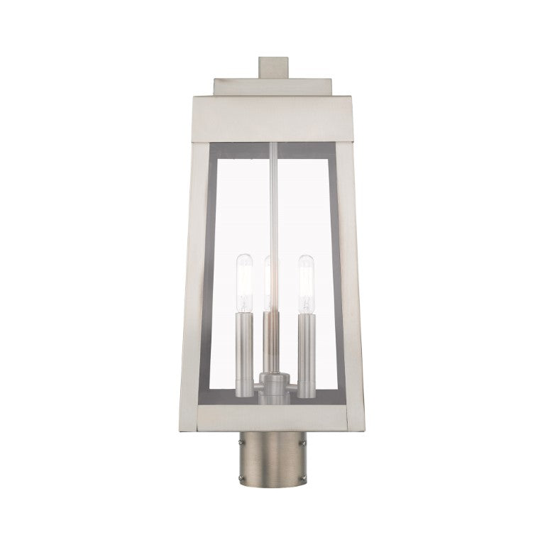 Oslo Candelabra Base Light Bulb Socket Medium Outdoor Post Top Lantern 8.25" x 8.25" x 20.375" Solid Brass and Clear Glass, Brushed Nickel Finish 120V for Garden, Exterior Post - 20856-91