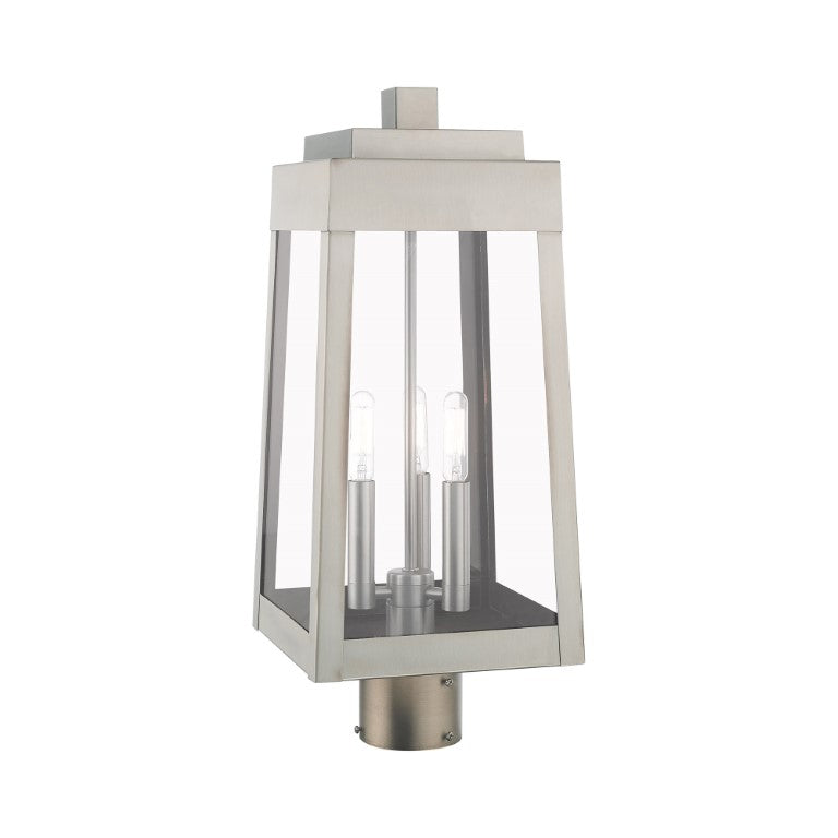 Oslo Candelabra Base Light Bulb Socket Medium Outdoor Post Top Lantern 8.25" x 8.25" x 20.375" Solid Brass and Clear Glass, Brushed Nickel Finish 120V for Garden, Exterior Post - 20856-91