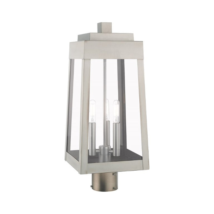 Oslo Candelabra Base Light Bulb Socket Medium Outdoor Post Top Lantern 8.25" x 8.25" x 20.375" Solid Brass and Clear Glass, Brushed Nickel Finish 120V for Garden, Exterior Post - 20856-91