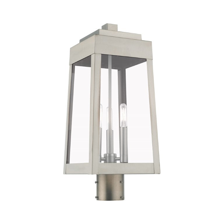 Oslo Candelabra Base Light Bulb Socket Medium Outdoor Post Top Lantern 8.25" x 8.25" x 20.375" Solid Brass and Clear Glass, Brushed Nickel Finish 120V for Garden, Exterior Post - 20856-91