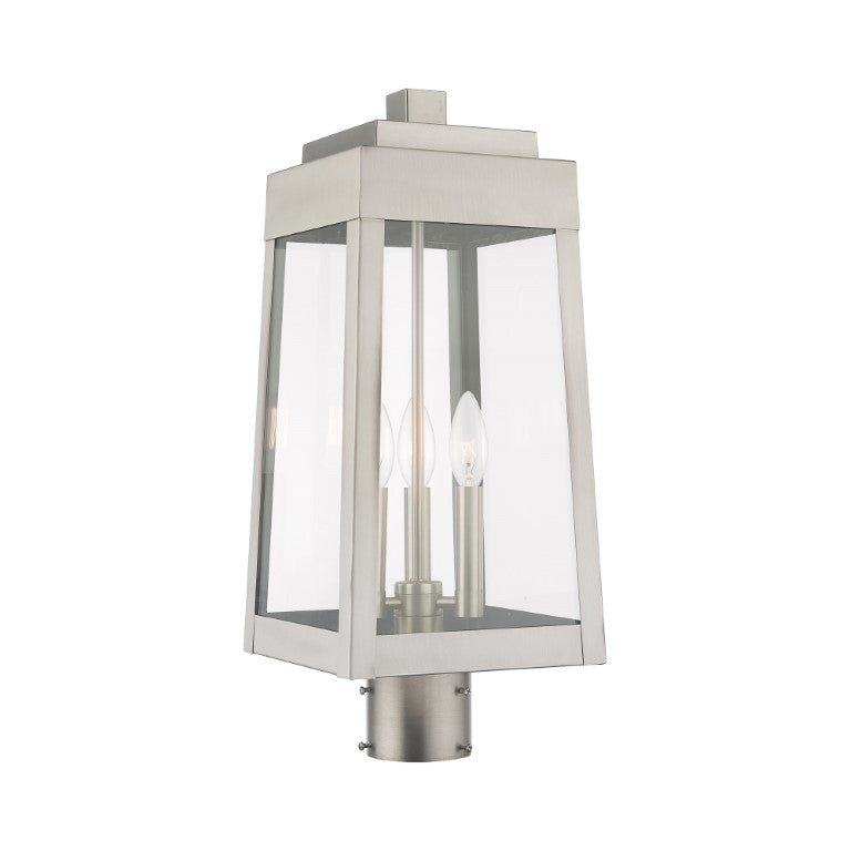 Oslo Candelabra Base Light Bulb Socket Medium Outdoor Post Top Lantern 8.25" x 8.25" x 20.375" Solid Brass and Clear Glass, Brushed Nickel Finish 120V for Garden, Exterior Post - 20856-91