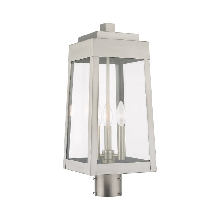 Oslo Candelabra Base Light Bulb Socket Medium Outdoor Post Top Lantern 8.25" x 8.25" x 20.375" Solid Brass and Clear Glass, Brushed Nickel Finish 120V for Garden, Exterior Post - 20856-91