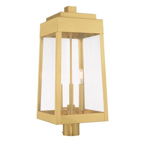 Oslo Candelabra Base Light Bulb Socket Large Outdoor Post Top Lantern 10.5" x 10.5" x 24.75" Solid Brass and Clear Glass, Satin Brass Finish 120V for Garden, Exterior Post - 20859-12
