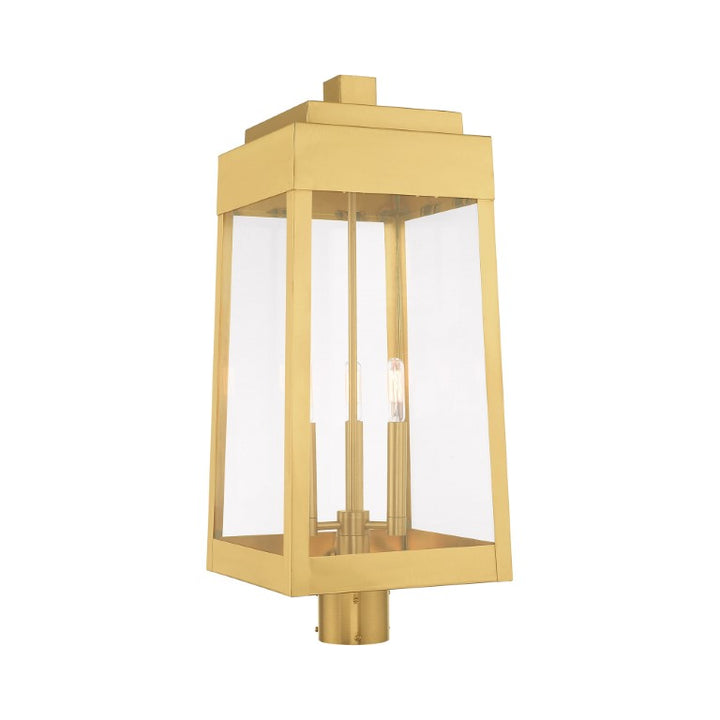 Oslo Candelabra Base Light Bulb Socket Large Outdoor Post Top Lantern 10.5" x 10.5" x 24.75" Solid Brass and Clear Glass, Satin Brass Finish 120V for Garden, Exterior Post - 20859-12