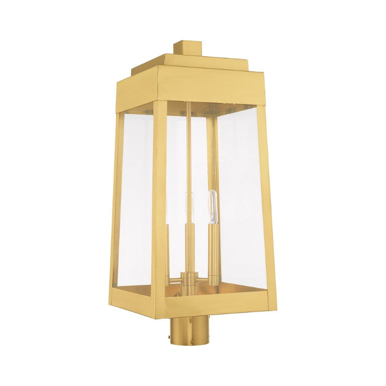 Oslo Candelabra Base Light Bulb Socket Large Outdoor Post Top Lantern 10.5" x 10.5" x 24.75" Solid Brass and Clear Glass, Satin Brass Finish 120V for Garden, Exterior Post - 20859-12