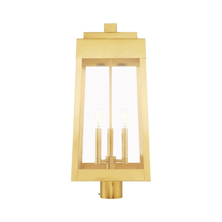 Oslo Candelabra Base Light Bulb Socket Large Outdoor Post Top Lantern 10.5" x 10.5" x 24.75" Solid Brass and Clear Glass, Satin Brass Finish 120V for Garden, Exterior Post - 20859-12