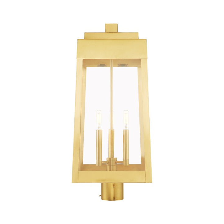Oslo Candelabra Base Light Bulb Socket Large Outdoor Post Top Lantern 10.5" x 10.5" x 24.75" Solid Brass and Clear Glass, Satin Brass Finish 120V for Garden, Exterior Post - 20859-12