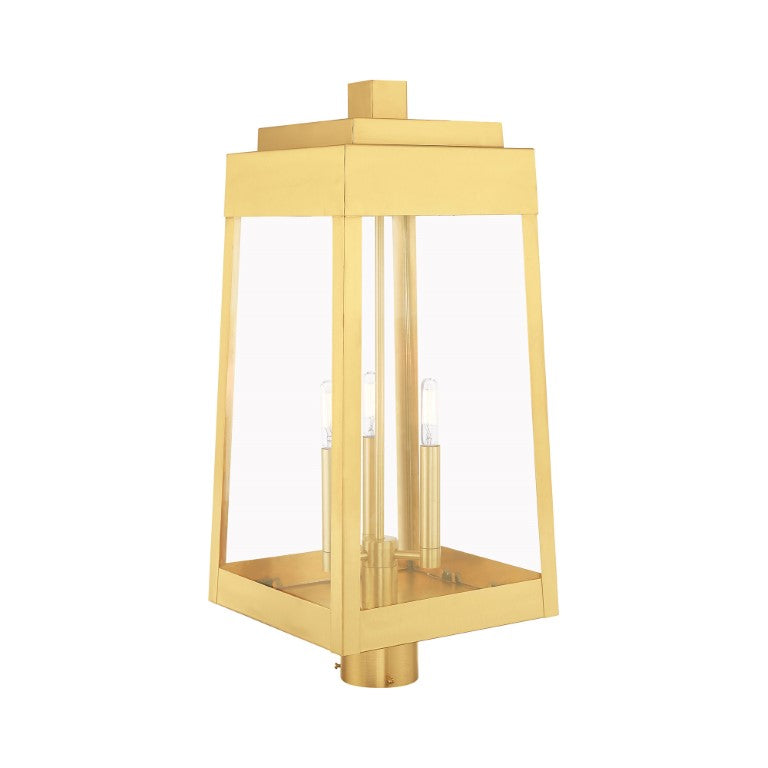 Oslo Candelabra Base Light Bulb Socket Large Outdoor Post Top Lantern 10.5" x 10.5" x 24.75" Solid Brass and Clear Glass, Satin Brass Finish 120V for Garden, Exterior Post - 20859-12