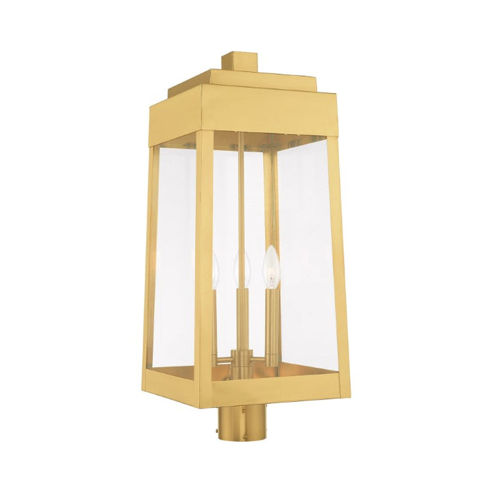 Oslo Candelabra Base Light Bulb Socket Large Outdoor Post Top Lantern 10.5" x 10.5" x 24.75" Solid Brass and Clear Glass, Satin Brass Finish 120V for Garden, Exterior Post - 20859-12