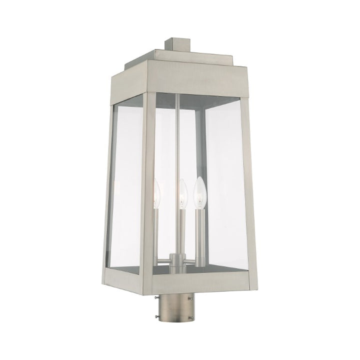 Oslo Candelabra Base Light Bulb Socket Large Outdoor Post Top Lantern 10.5" x 10.5" x 24.75" Solid Brass and Clear Glass, Brushed Nickel Finish 120V for Garden, Exterior Post - 20859-91