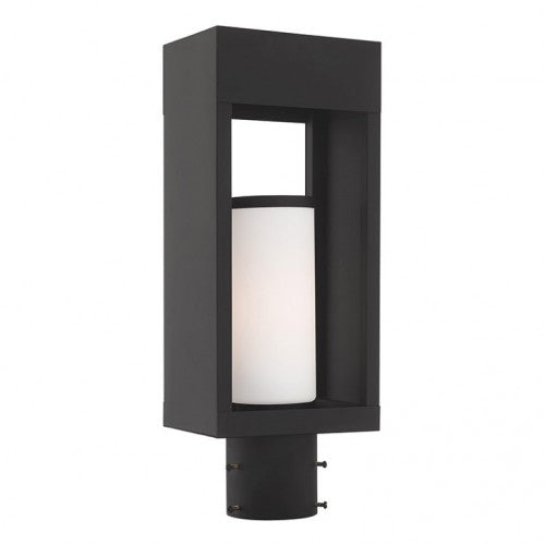 Bleecker Medium Base Light Bulb Socket Outdoor Medium Post Top Lantern 6.25" x 4.625" x 16.5" Solid Brass and Hand Blown Satin Opal White Cylinder Glass, Black Finish 120V for Garden, Exterior Post - 20984-04