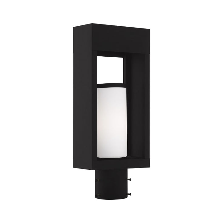 Bleecker Medium Base Light Bulb Socket Outdoor Medium Post Top Lantern 6.25" x 4.625" x 16.5" Solid Brass and Hand Blown Satin Opal White Cylinder Glass, Black Finish 120V for Garden, Exterior Post - 20984-04