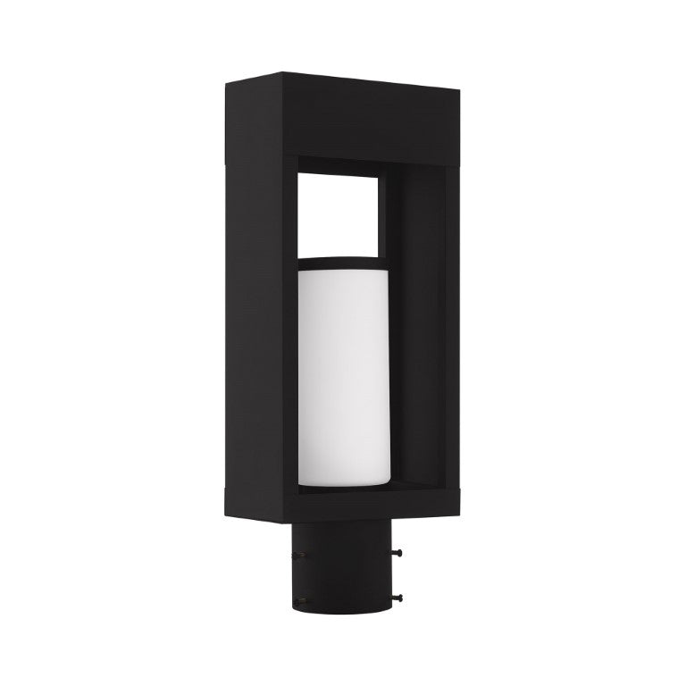 Bleecker Medium Base Light Bulb Socket Outdoor Medium Post Top Lantern 6.25" x 4.625" x 16.5" Solid Brass and Hand Blown Satin Opal White Cylinder Glass, Black Finish 120V for Garden, Exterior Post - 20984-04