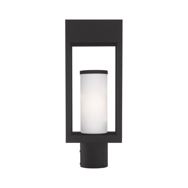 Bleecker Medium Base Light Bulb Socket Outdoor Medium Post Top Lantern 6.25" x 4.625" x 16.5" Solid Brass and Hand Blown Satin Opal White Cylinder Glass, Black Finish 120V for Garden, Exterior Post - 20984-04