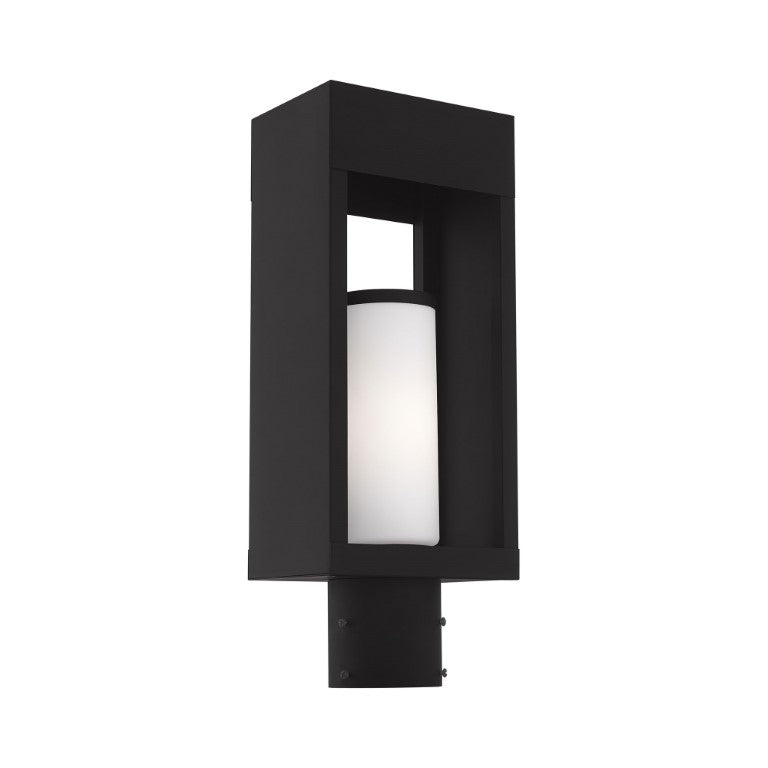 Bleecker Medium Base Light Bulb Socket Outdoor Medium Post Top Lantern 6.25" x 4.625" x 16.5" Solid Brass and Hand Blown Satin Opal White Cylinder Glass, Black Finish 120V for Garden, Exterior Post - 20984-04
