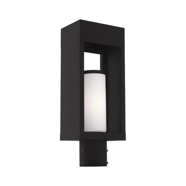 Bleecker Medium Base Light Bulb Socket Outdoor Medium Post Top Lantern 6.25" x 4.625" x 16.5" Solid Brass and Hand Blown Satin Opal White Cylinder Glass, Black Finish 120V for Garden, Exterior Post - 20984-04