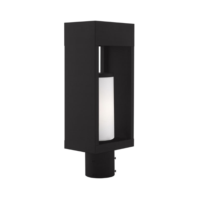 Bleecker Medium Base Light Bulb Socket Outdoor Medium Post Top Lantern 6.25" x 4.625" x 16.5" Solid Brass and Hand Blown Satin Opal White Cylinder Glass, Black Finish 120V for Garden, Exterior Post - 20984-04