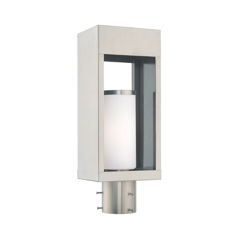 Bleecker Medium Base Light Bulb Socket Outdoor Large Post Top Lantern 6.25" x 4.625" x 16.5" Solid Brass and Hand Blown Satin Opal White Cylinder Glass, Brushed Nickel Finish 120V for Garden, Exterior Post - 20984-91