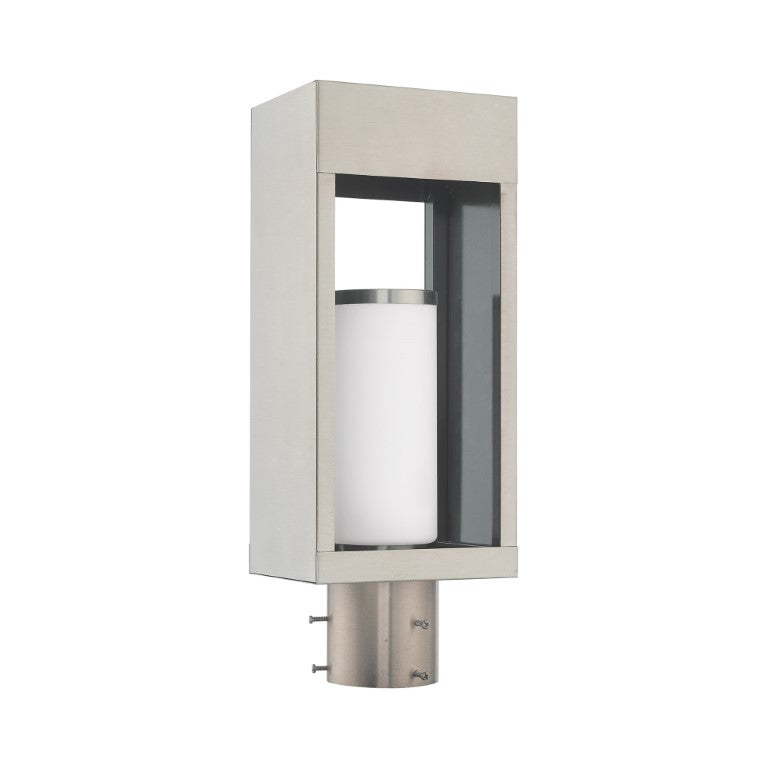 Bleecker Medium Base Light Bulb Socket Outdoor Large Post Top Lantern 6.25" x 4.625" x 16.5" Solid Brass and Hand Blown Satin Opal White Cylinder Glass, Brushed Nickel Finish 120V for Garden, Exterior Post - 20984-91