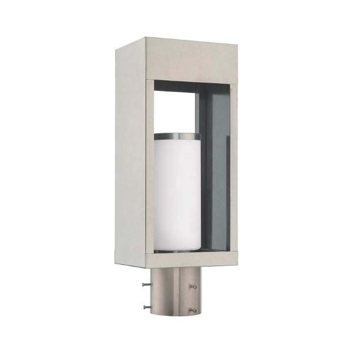 Bleecker Medium Base Light Bulb Socket Outdoor Large Post Top Lantern 6.25" x 4.625" x 16.5" Solid Brass and Hand Blown Satin Opal White Cylinder Glass, Brushed Nickel Finish 120V for Garden, Exterior Post - 20984-91