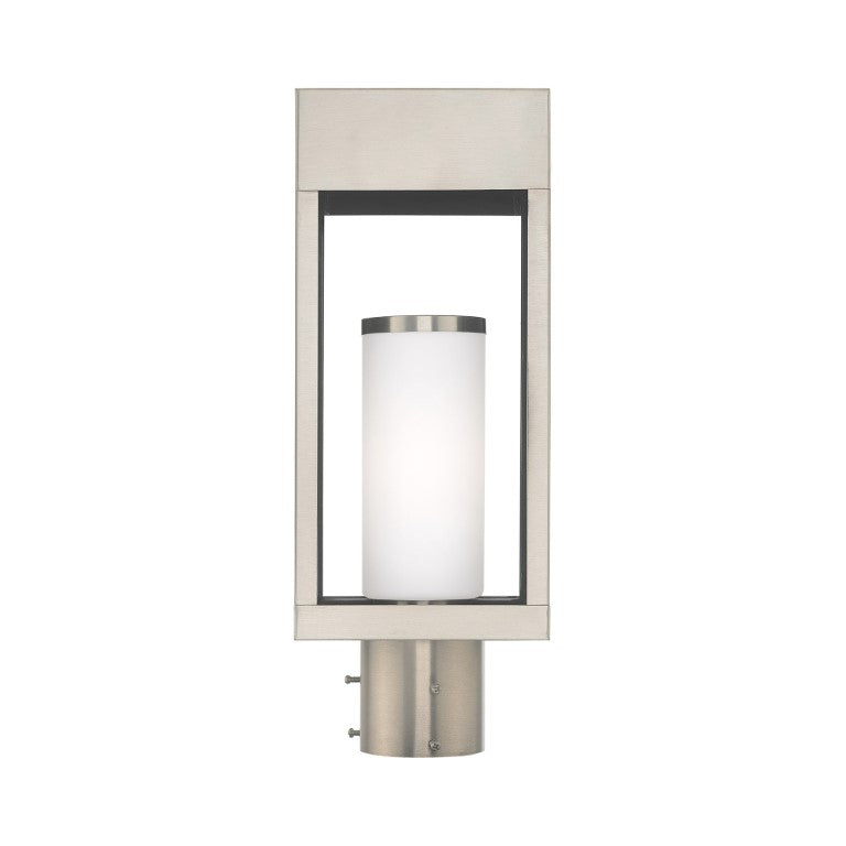 Bleecker Medium Base Light Bulb Socket Outdoor Large Post Top Lantern 6.25" x 4.625" x 16.5" Solid Brass and Hand Blown Satin Opal White Cylinder Glass, Brushed Nickel Finish 120V for Garden, Exterior Post - 20984-91