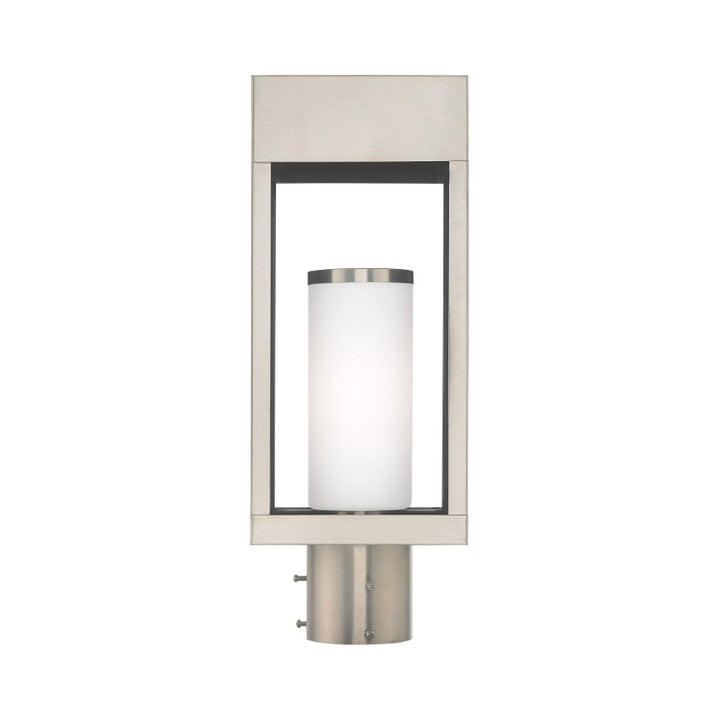 Bleecker Medium Base Light Bulb Socket Outdoor Large Post Top Lantern 6.25" x 4.625" x 16.5" Solid Brass and Hand Blown Satin Opal White Cylinder Glass, Brushed Nickel Finish 120V for Garden, Exterior Post - 20984-91