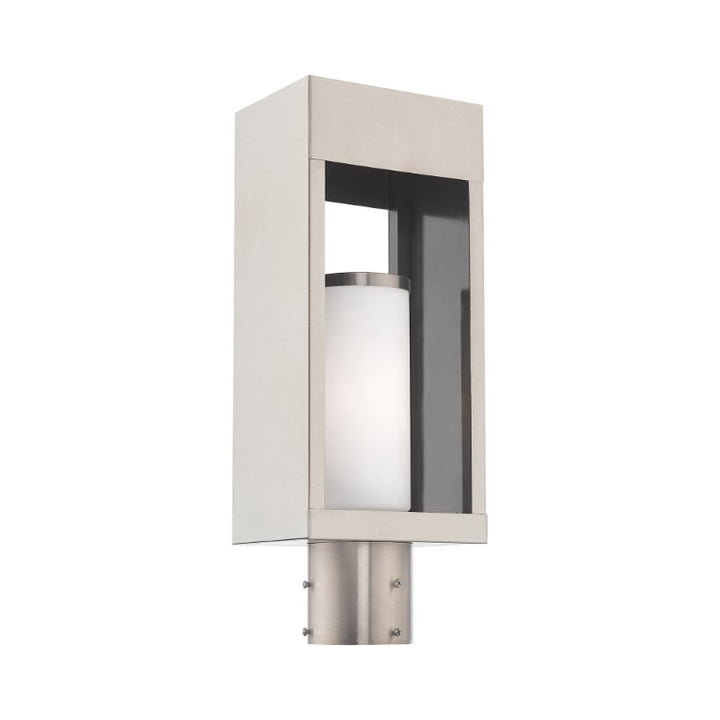 Bleecker Medium Base Light Bulb Socket Outdoor Large Post Top Lantern 6.25" x 4.625" x 16.5" Solid Brass and Hand Blown Satin Opal White Cylinder Glass, Brushed Nickel Finish 120V for Garden, Exterior Post - 20984-91