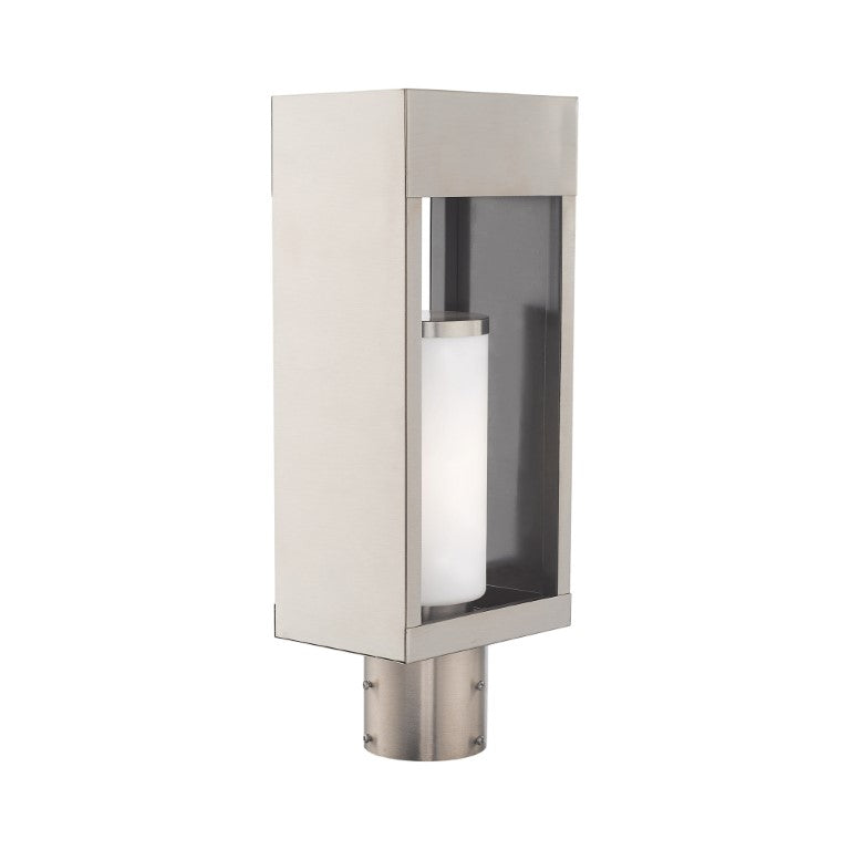 Bleecker Medium Base Light Bulb Socket Outdoor Large Post Top Lantern 6.25" x 4.625" x 16.5" Solid Brass and Hand Blown Satin Opal White Cylinder Glass, Brushed Nickel Finish 120V for Garden, Exterior Post - 20984-91