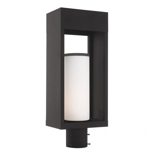 Bleecker Medium Base Light Bulb Socket Outdoor Medium Post Top Lantern 7.875" x 5.125" x 20" Solid Brass and Hand Blown Satin Opal White Cylinder Glass, Black Finish 120V for Garden, Exterior Post - 20985-04