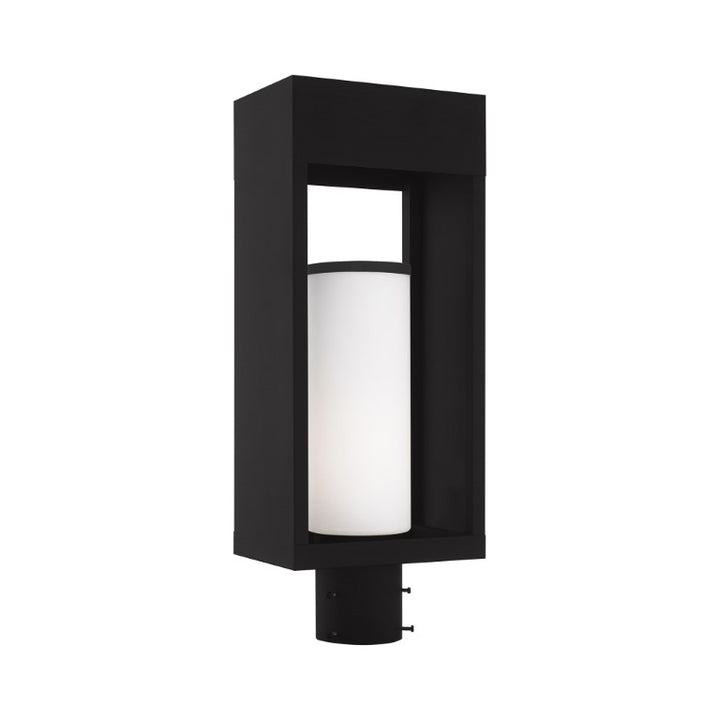 Bleecker Medium Base Light Bulb Socket Outdoor Medium Post Top Lantern 7.875" x 5.125" x 20" Solid Brass and Hand Blown Satin Opal White Cylinder Glass, Black Finish 120V for Garden, Exterior Post - 20985-04