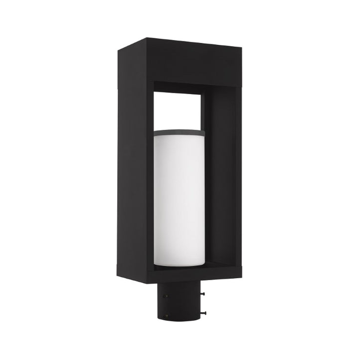 Bleecker Medium Base Light Bulb Socket Outdoor Medium Post Top Lantern 7.875" x 5.125" x 20" Solid Brass and Hand Blown Satin Opal White Cylinder Glass, Black Finish 120V for Garden, Exterior Post - 20985-04